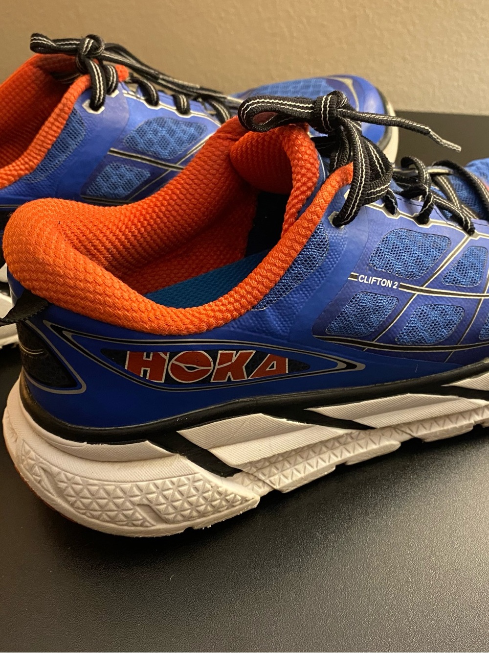 Hoka One One Clifton 2 Blue Orange Running Shoes Mens Size 8.5 1008328 TBOF